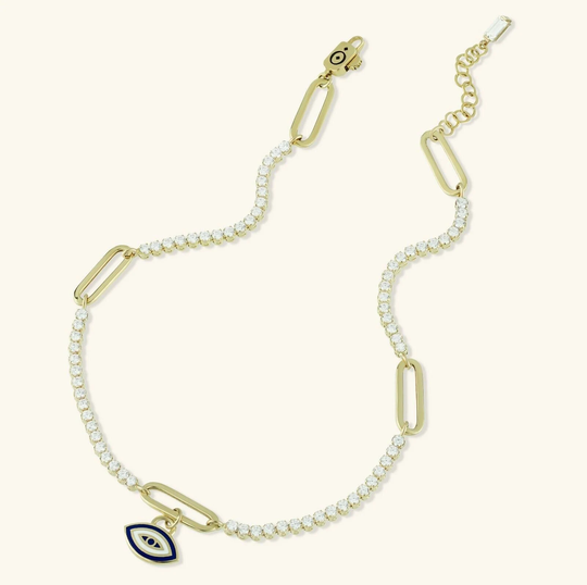 Paperclip Cz Evil Eye Charm Ankle Anklet Real 14K Yellow Gold Up To 10"
