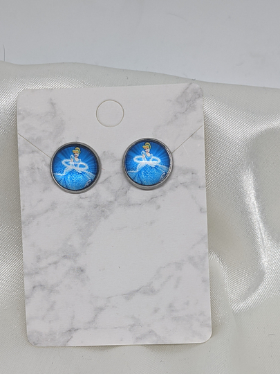 Princess Round Glass Cabochon Stud Earrings