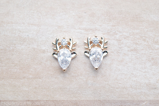 Modern Reindeer Clear Zircon Gold Tone Dainty Deer Festive Christmas Holiday Stud Or Clip On Earrings By Biodemia