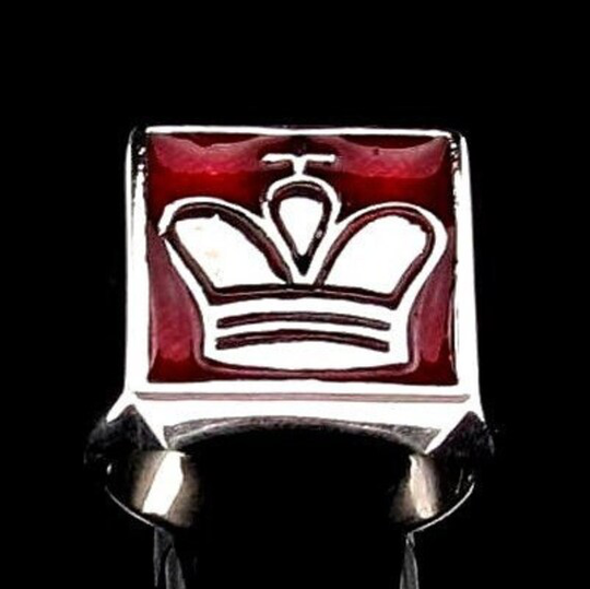 sterling Silver Chess Symbol Ring The King Medieval Crown Piece With Red Enamel High Polished 925 Men's
