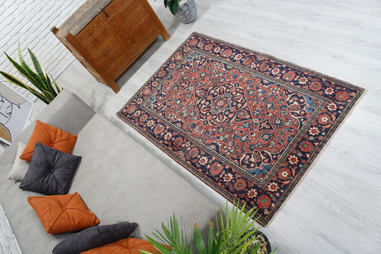4'2" X 6'5" Faded Medallion Kitchen Rug, Red Vintage Area Farmhouse Bedroom Nomadic Living Room Rug 00012539