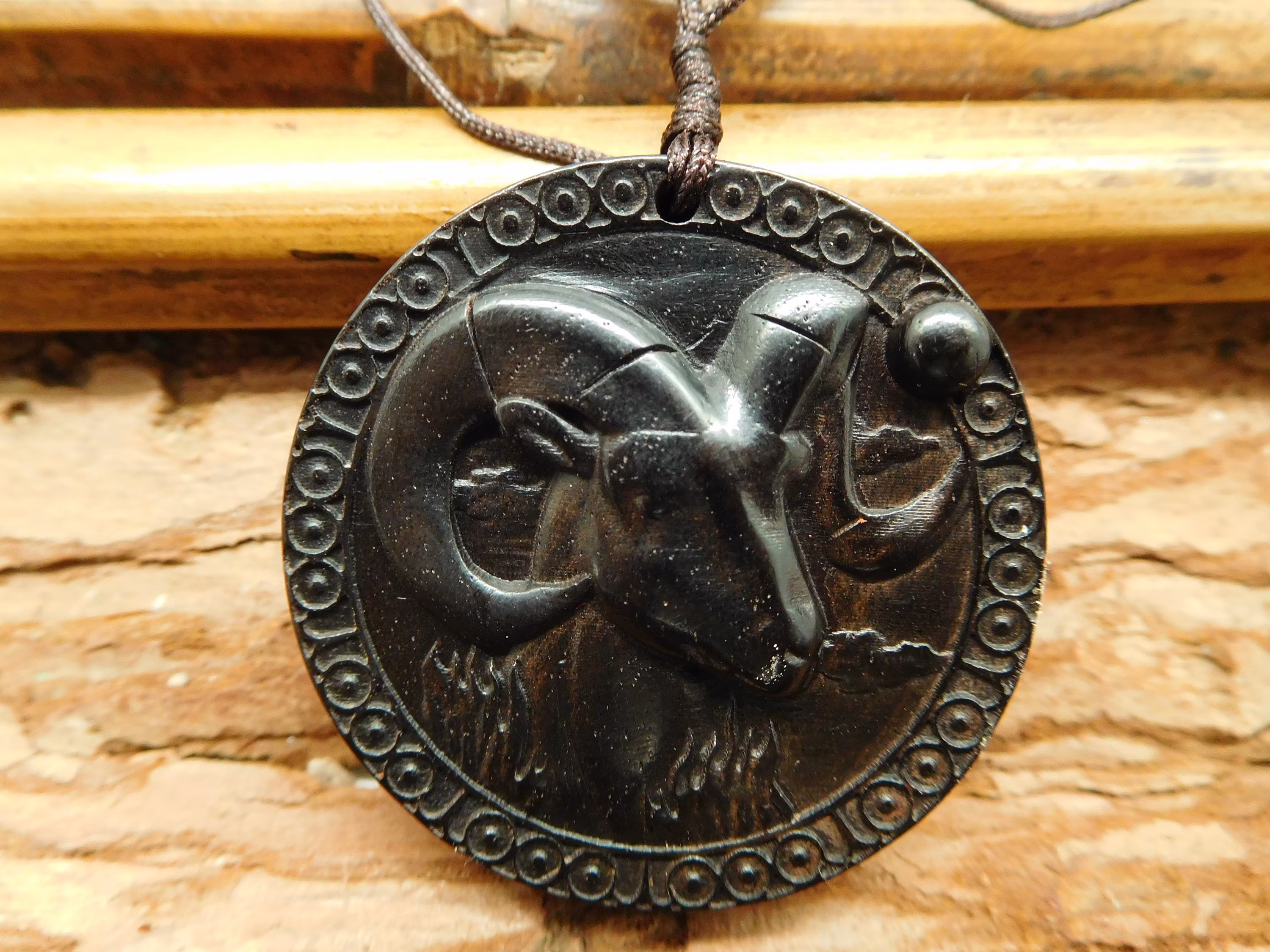 Handmade Brown Ebony Wood Carving Ram Necklace. Cord Necklace Gift For Him. Animal Jewelry Holiday Sale Gift. Bead