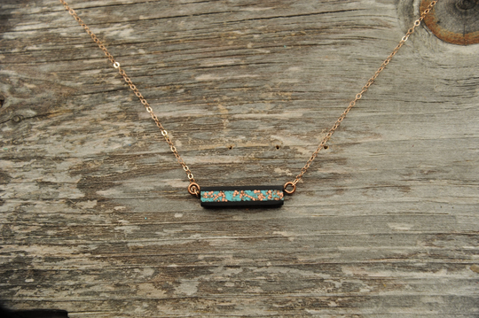 Black Ebony Wood With Turquoise & Recycled Copper Small Horizontal Bar Necklace