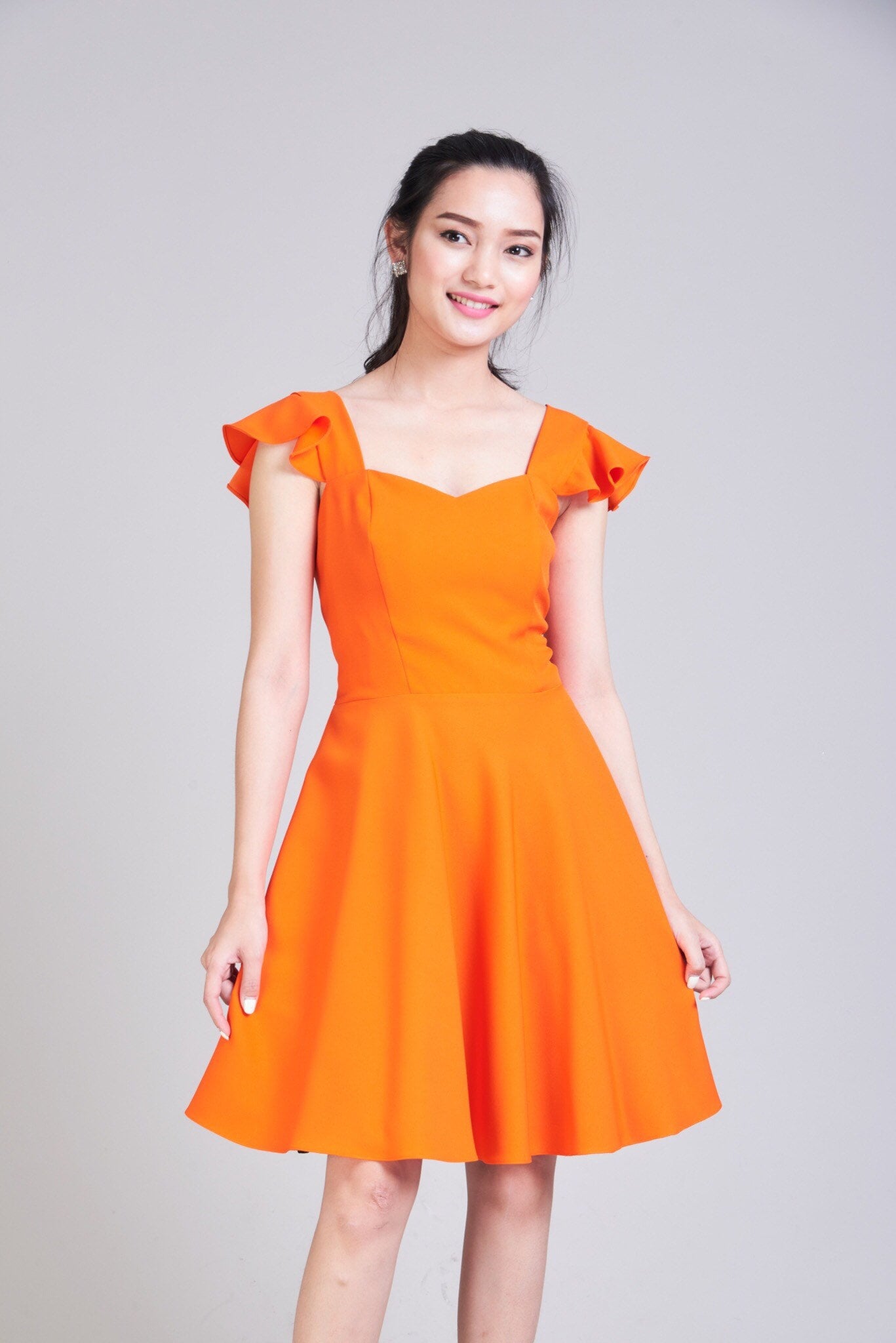 Olivia - Orange Dress Bridesmaid Swing Dance Tangerine Ruffle Sleeve Sundress Sweetheart Prom Summer