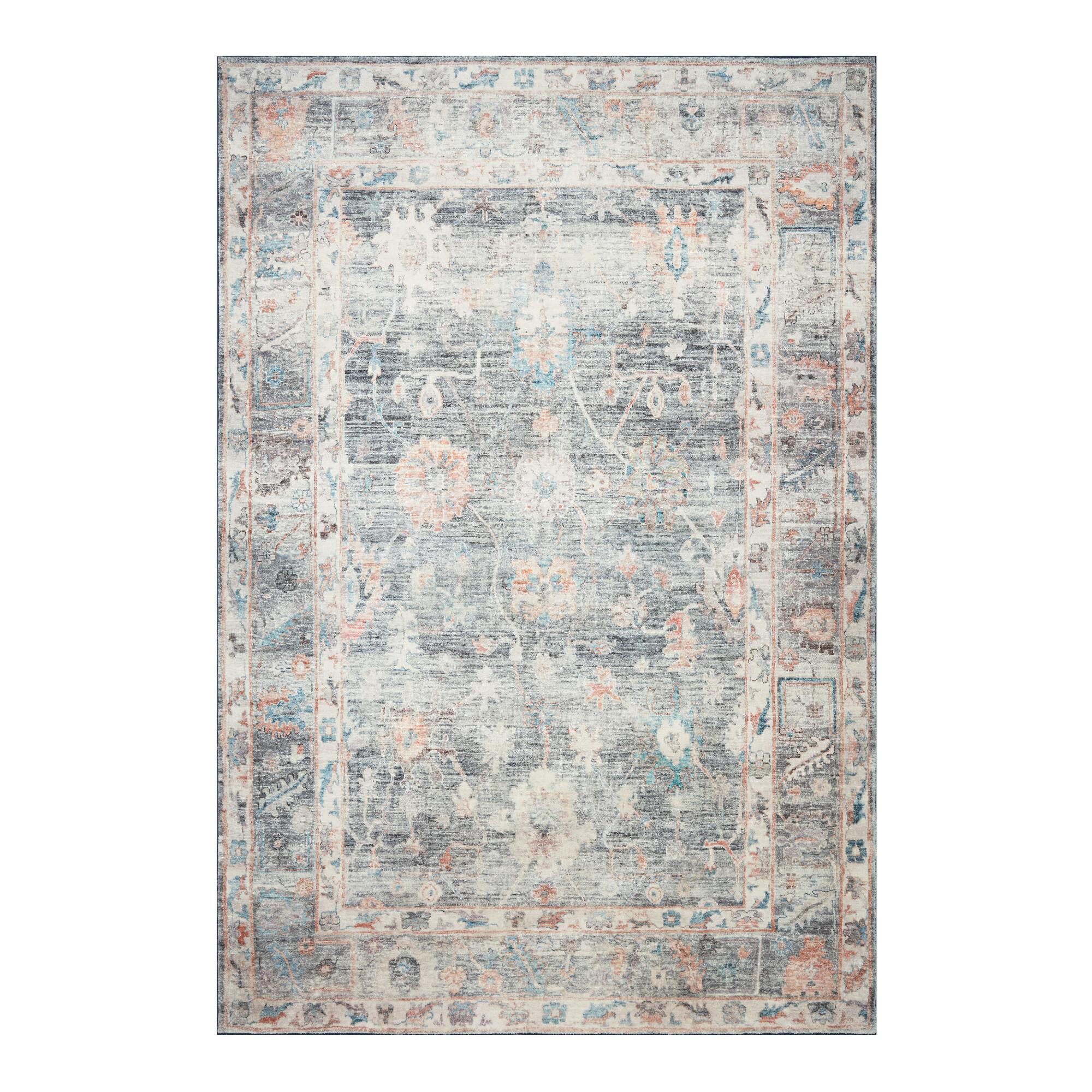 Floral Distressed Persian Style Zoe Area Rug: Blue - Polyester - 6' x 9' by World Market