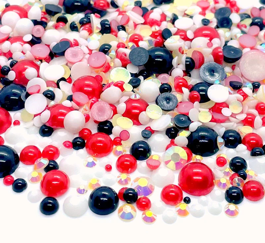 Christmas Santa Blend Mix 2mm-10mm Flatback Jelly Resin | Faux Pearls Rhinestone Mixed Size Red White Black