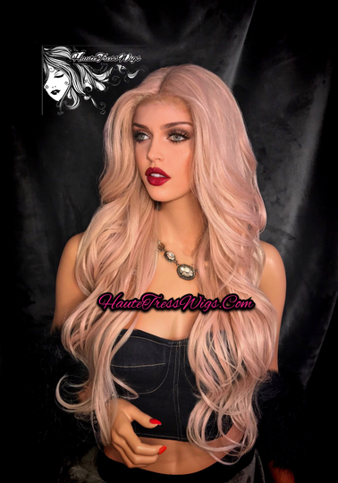 Pink Blonde Mix, Wig, Pastel Rose Hair, Balayage, Bombshell Wavy, Highlights, Human Hair Blend, Lace Front Wig