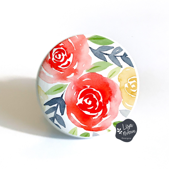 Watercolor Floral Drawer Knobs Red Blue Yellow Decorative Dresser Flower Cottage Kids Nursery Pulls Childrens