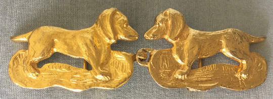 7" Long Mimi Di N Signed Dachshund Massive Puppies Dogs Sculptural Belt Buckle Gold Metal Vintage Designer Runway Couture Animal Statement