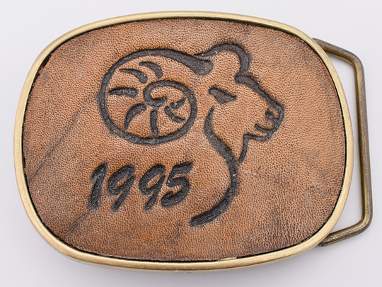 Ram 1995 Solid Brass & Leather Vintage Belt Buckle