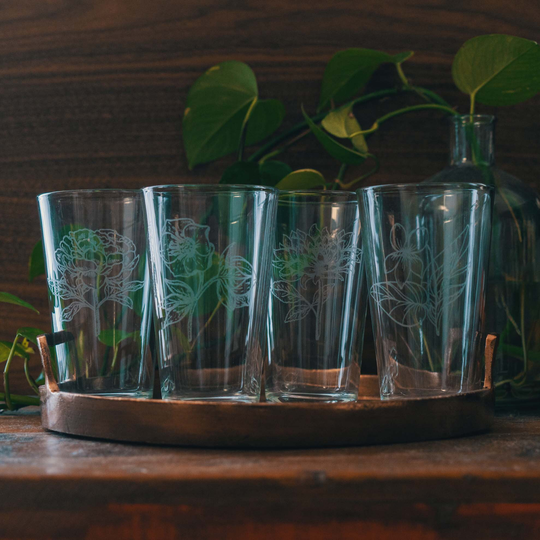 Flowers Etched Pint Glasses Set Of 4 | Personalized Engraved Glassware For Craft Beer. Gardening & Nature Gift. Patio Barware & Home Decor