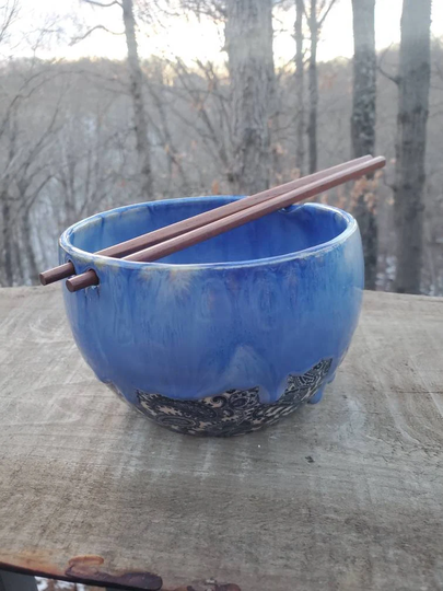 Handmade Noodle Bowl W Chopsticks, Paisley Patterned, Drippy Glaze, Rice Stir Fry Bowl, Appx 2 + Cups, Free Shipping