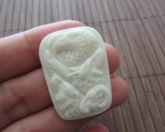 Hand Carved Spirit Of Eagle, Ram Wolf & Bear Bone, Flat Back Cabochon, B3420