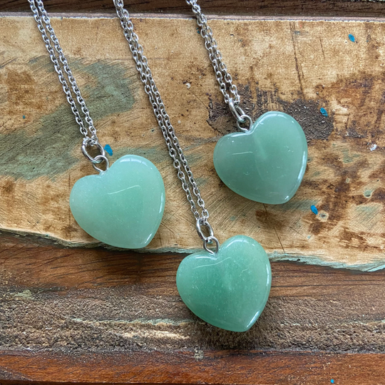 Green Aventurine Necklace. 304 Surgical Stainless Steel Chain. Heart Natural Stone Pendant