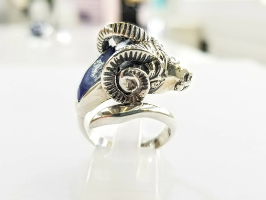 Ram Ring in Sterling Silver 925 Set With Lapis Lazuli, Ram Ring