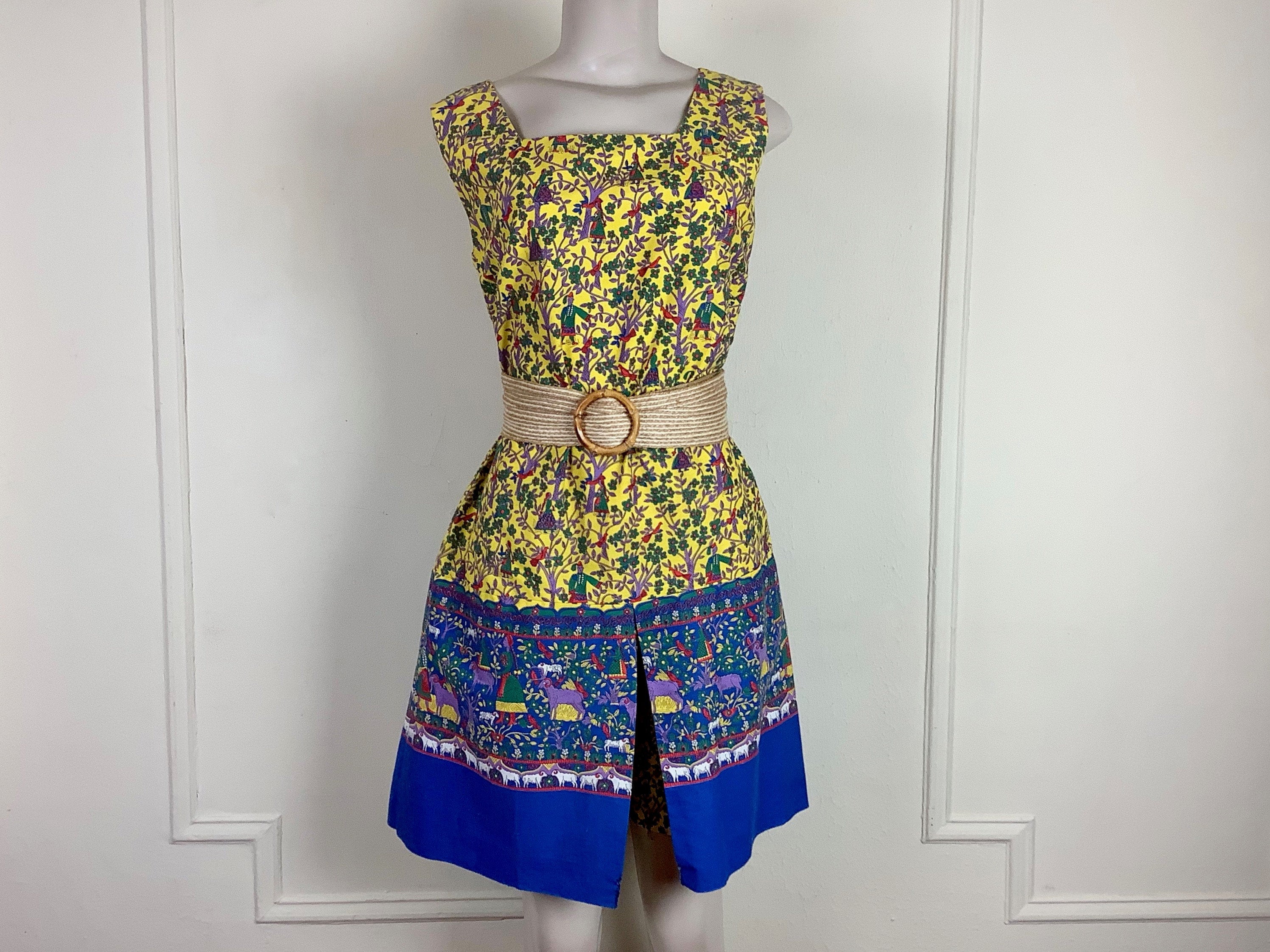 Vintage 1960S Cotton Romper By Mr Winn - Yellow, Blue, Purple, Green Trees + Birds Rams Drop Waist, Skirt, Scooter, Skort Sz 16, Large