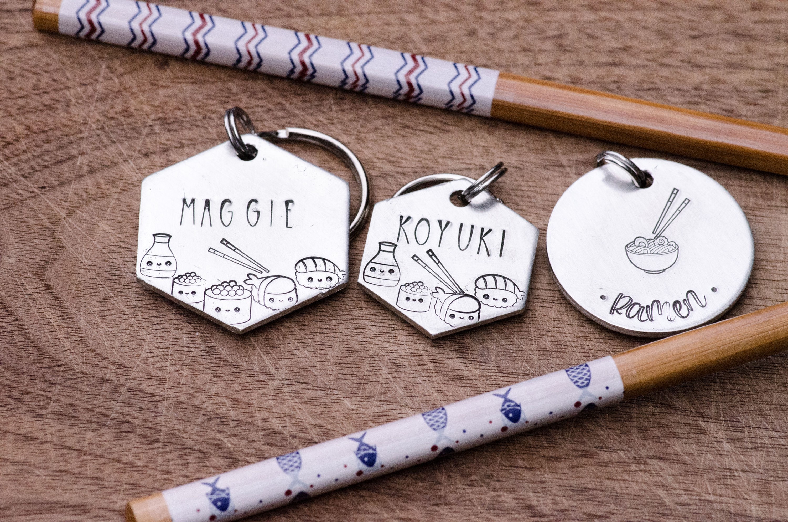 Pass The Chopsticks/Custom Hand Stamped Dog Tag, Personalized Metal Pet Id Name Keychain, Sushi, Ramen, Food