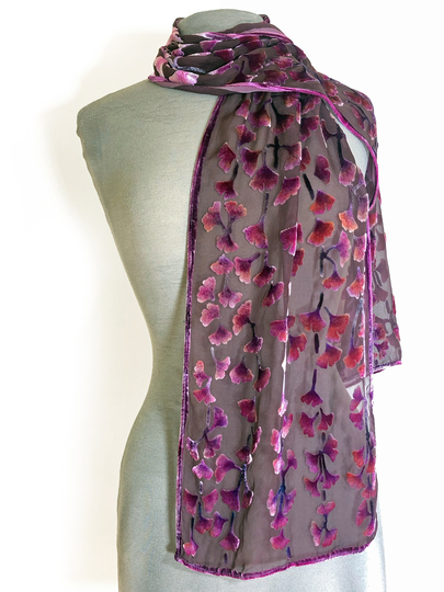 Burnout Silk Velvet Hand Painted Gingko Leaves in Fall Colors, Oblong, Washable, 11"x62" Gift For Mom Or Grandma