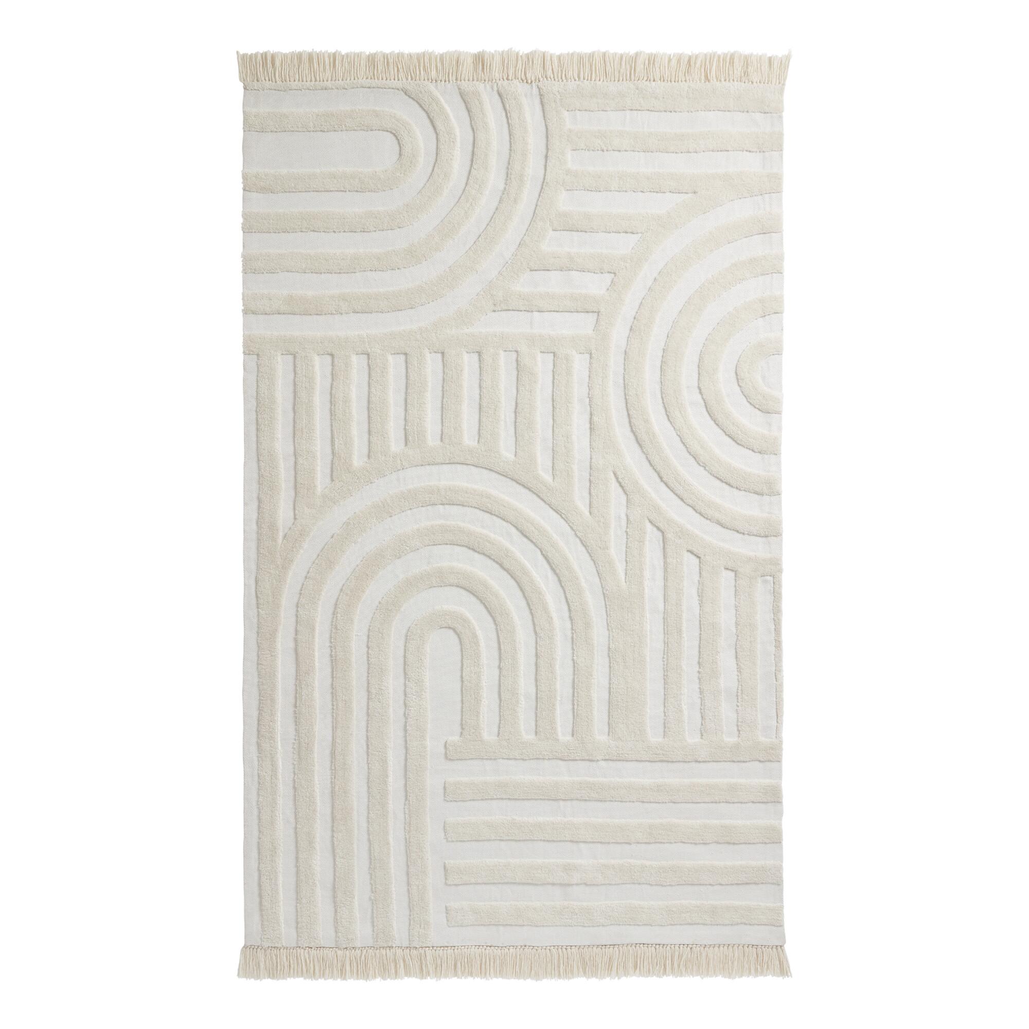 Ivory Geometric Tufted Wool Arch Area Rug: White - Polyester - 8' x 10' by World Market