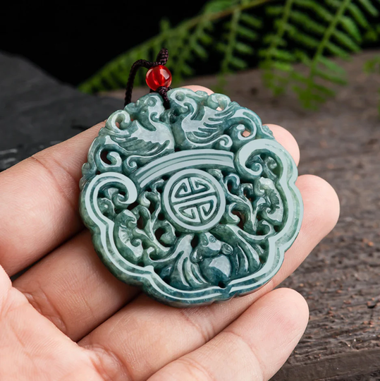 Natural Jadeite Jade Double Bird Hollow Medal Pendant Necklace, Gift For Women & Girl, Beauty Birthday