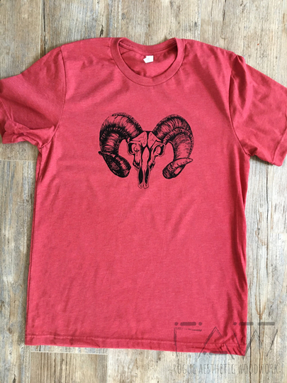 Ram Skull Printed Unisex Tee, Black On Red Aries Soft T-Shirt, Screen Print Top