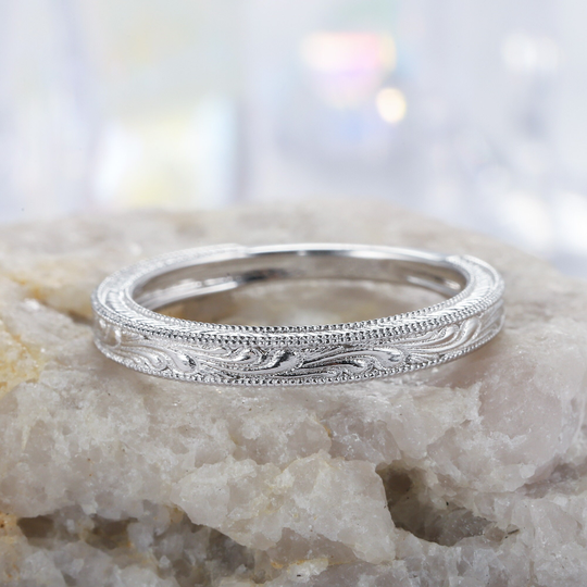 Vintage Filigree Silver Wedding Band, 14K White Rose Plain Gold Matching Band, Floral Milgrain Straight Unique Ring Enhancer For Women