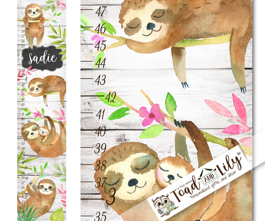 Canvas Growth Chart Floral Sloth Girls Bedroom Baby Nursery Wall Art Gc0528