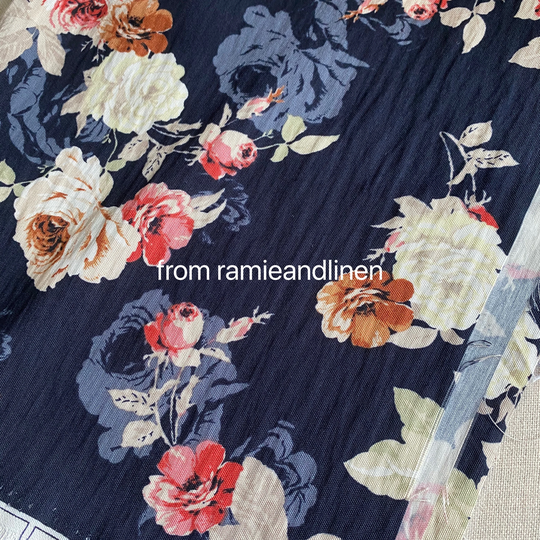 Linen Fabric, Peony Flowers Print, Rayon Blend Half Yard By 57" Wide