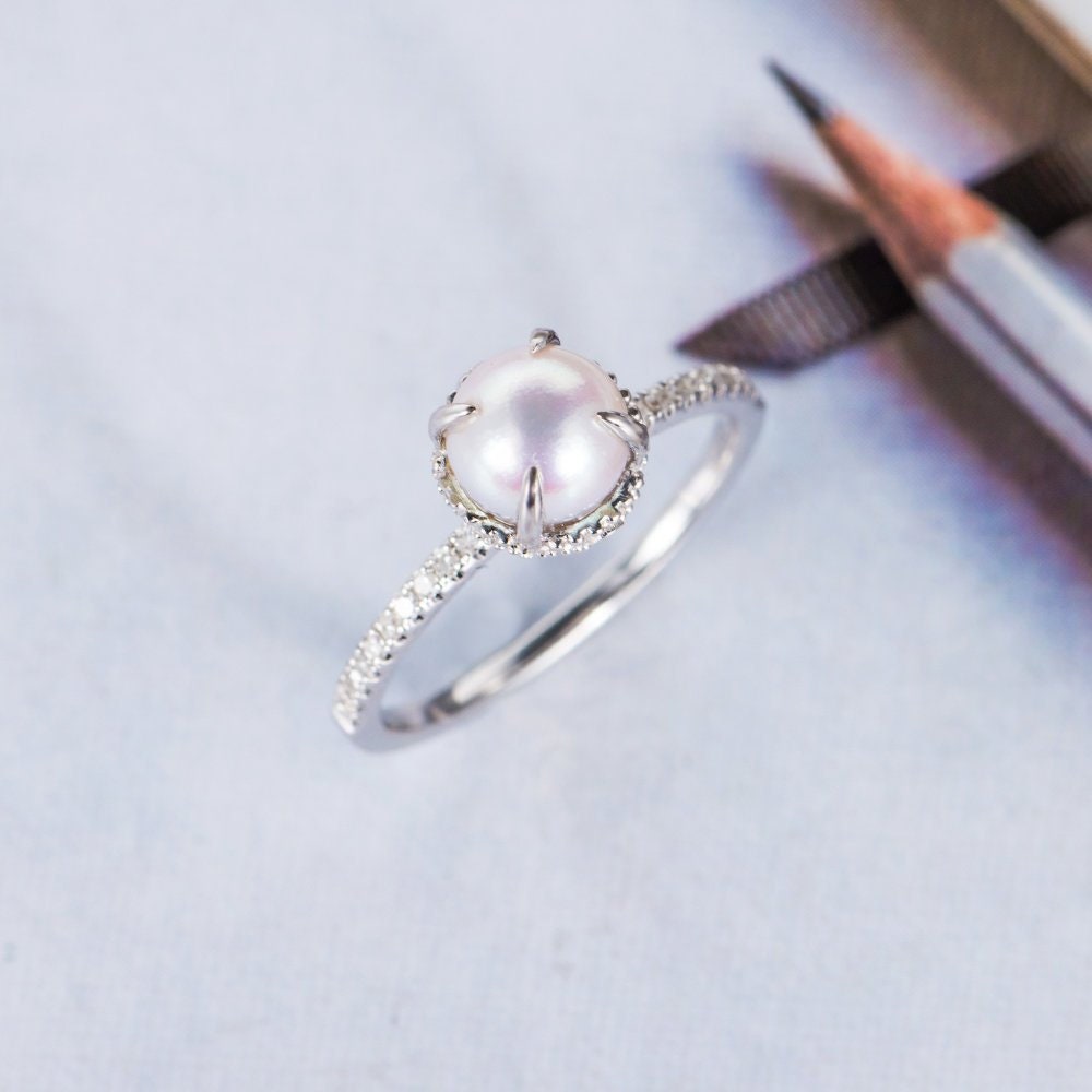 Natural Akoya Pearl Engagement Ring Art Deco Unique Anitque Birthstone June White Gold Diamond Solitaire Anniversary Gift For Mother Women