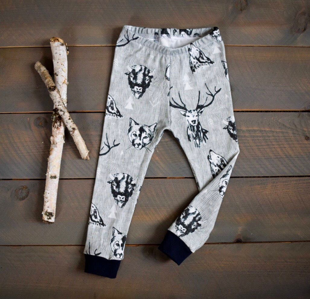 Baby Toddler Leggings Mountain Animals, Bear Ram Organic Gray
