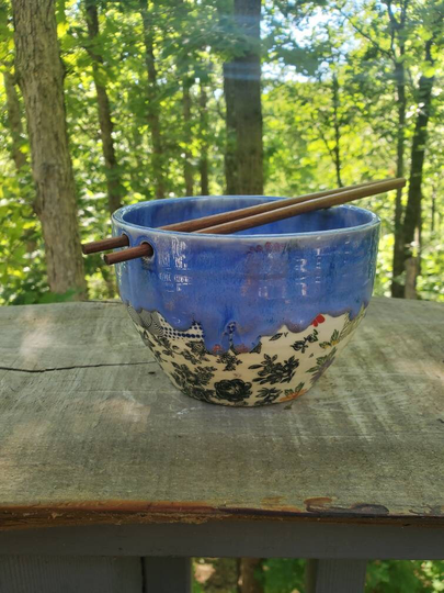 Handmade Noodle Bowl W Chopsticks, Patterned, Drippy Glaze, Rice Stir Fry Bowl, Appx 2+ Cups, Free Shipping
