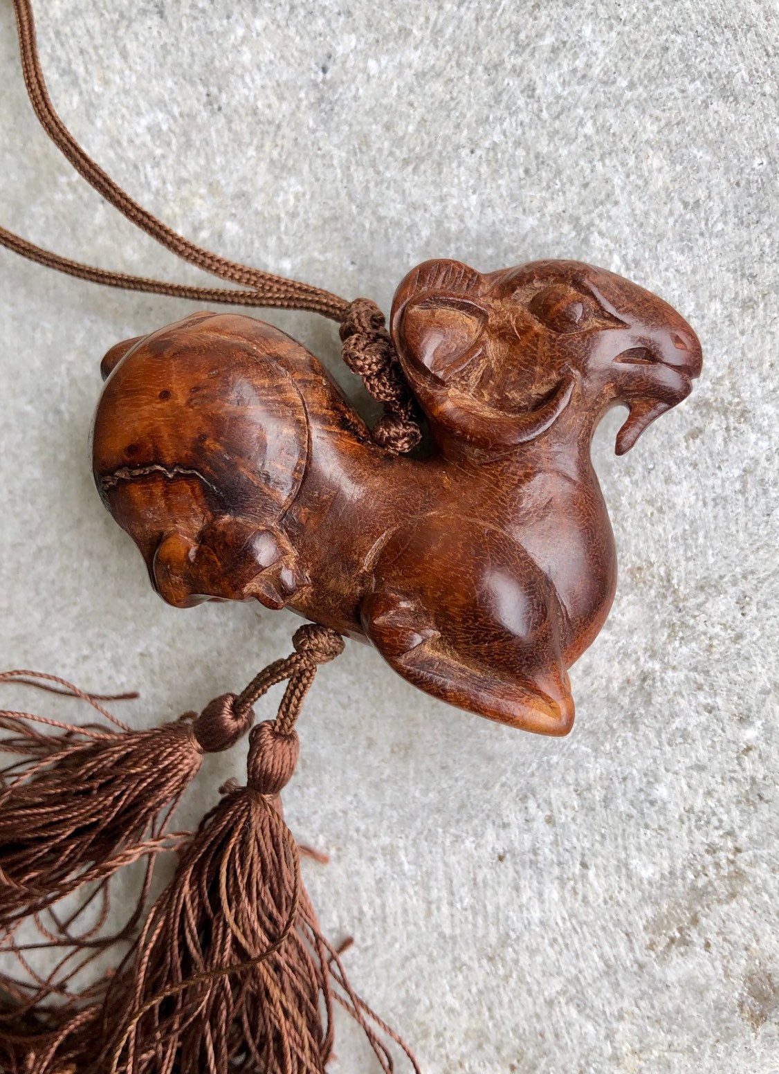Carved Wood Chinese Year Of The Ram Silk Cord Vintage Neckalce