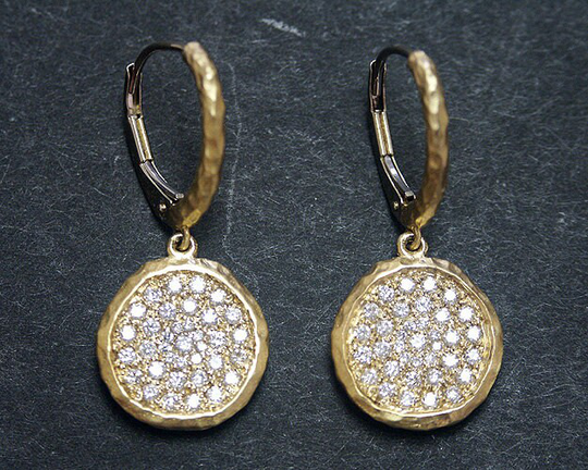14K Solid Yellow Gold Hammered Earrings With 0.63 Ct. Si1 Clarity, G Color Natural Brilliant Diamonds
