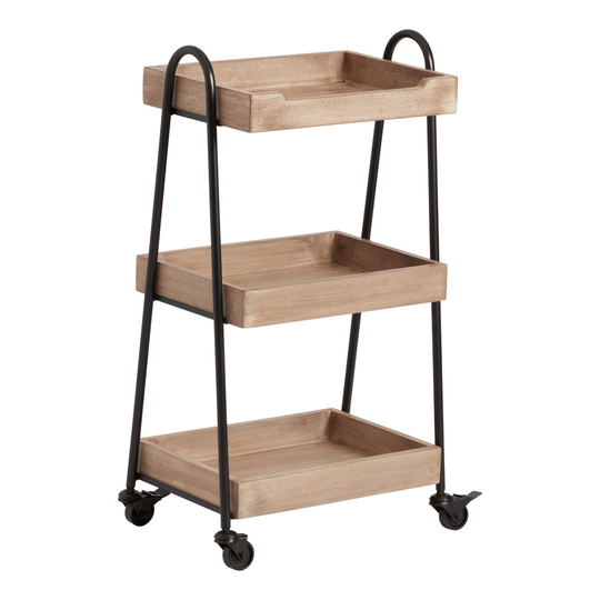 Mango Wood and Black Metal 3 Tier Gunnar Rolling Cart: Black/Brown by World Market