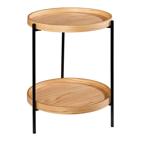 Round Wood and Black Metal Quincy Accent Table with Shelf: Black/Natural by World Market
