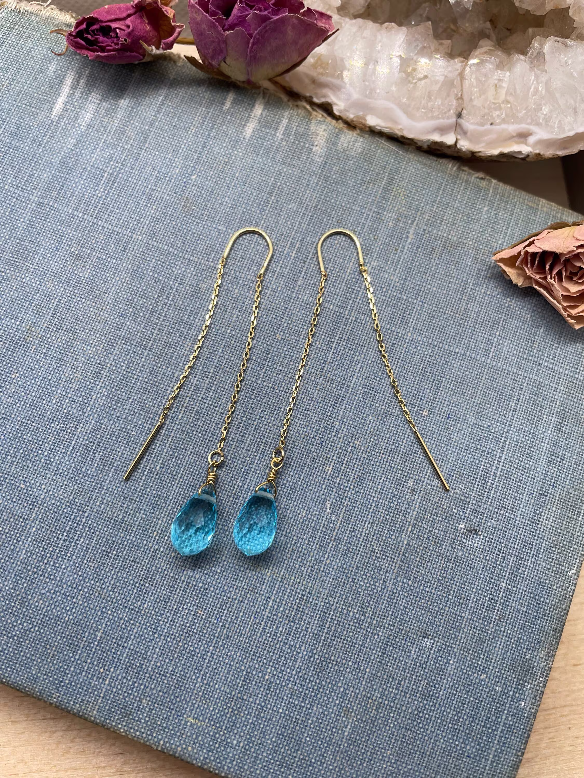Blue Glass Earring, Gold Threaders, Threader, Earrings, Gift, Gift For Her, Jewelry, Mom, Teardrop