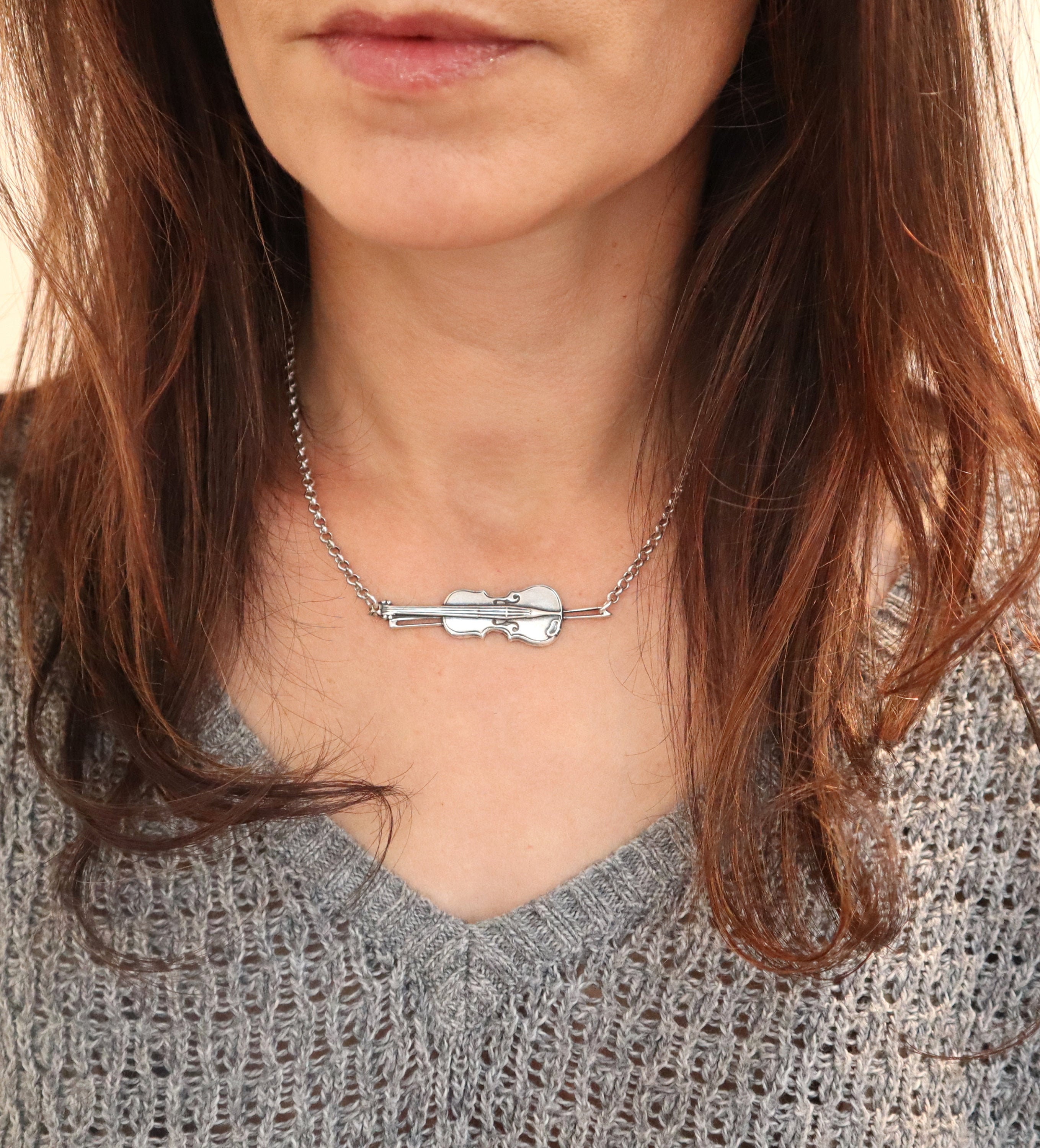Violin Necklace, Sideways Sterling Silver Finish, Gifts