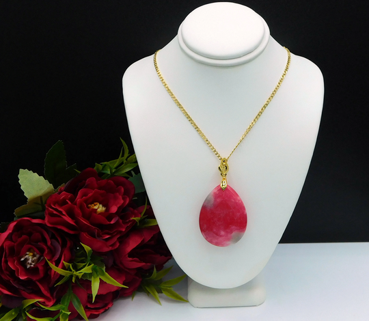 Multi Color Tear Drop Jade Charm Necklace, Jewelry, Oval Pendant, Red & Green Jade, Love & Balance, Gold Filled