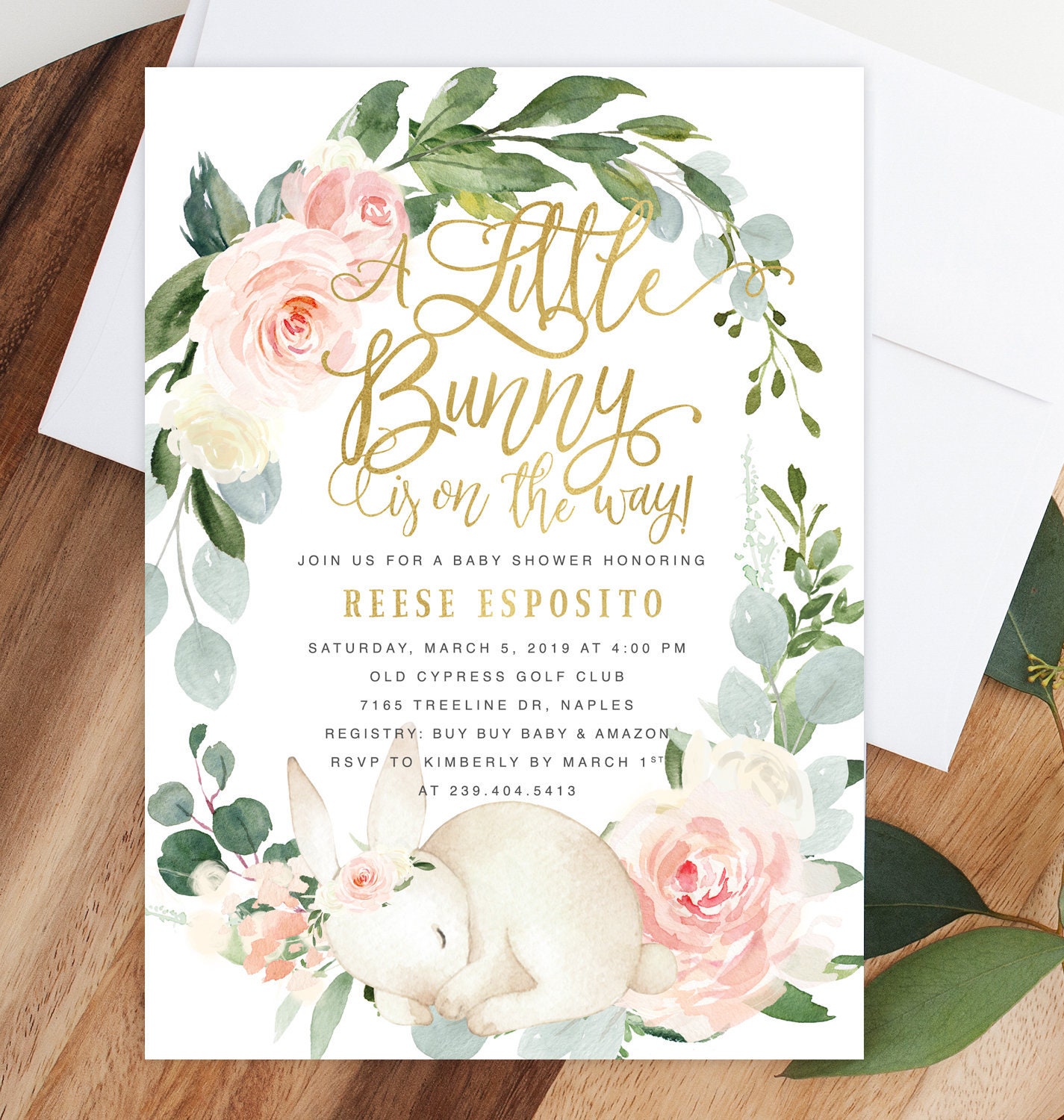 Bunny Baby Shower Invitation Girl, A Little Is On The Way Invite, Girl Spring Invite - Gold Reese
