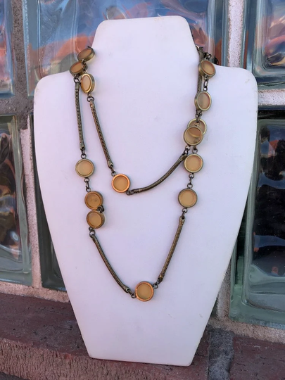 Vintage 1960S Long Serpentine Chain Necklace W Butterscotch Discs 36 Inches