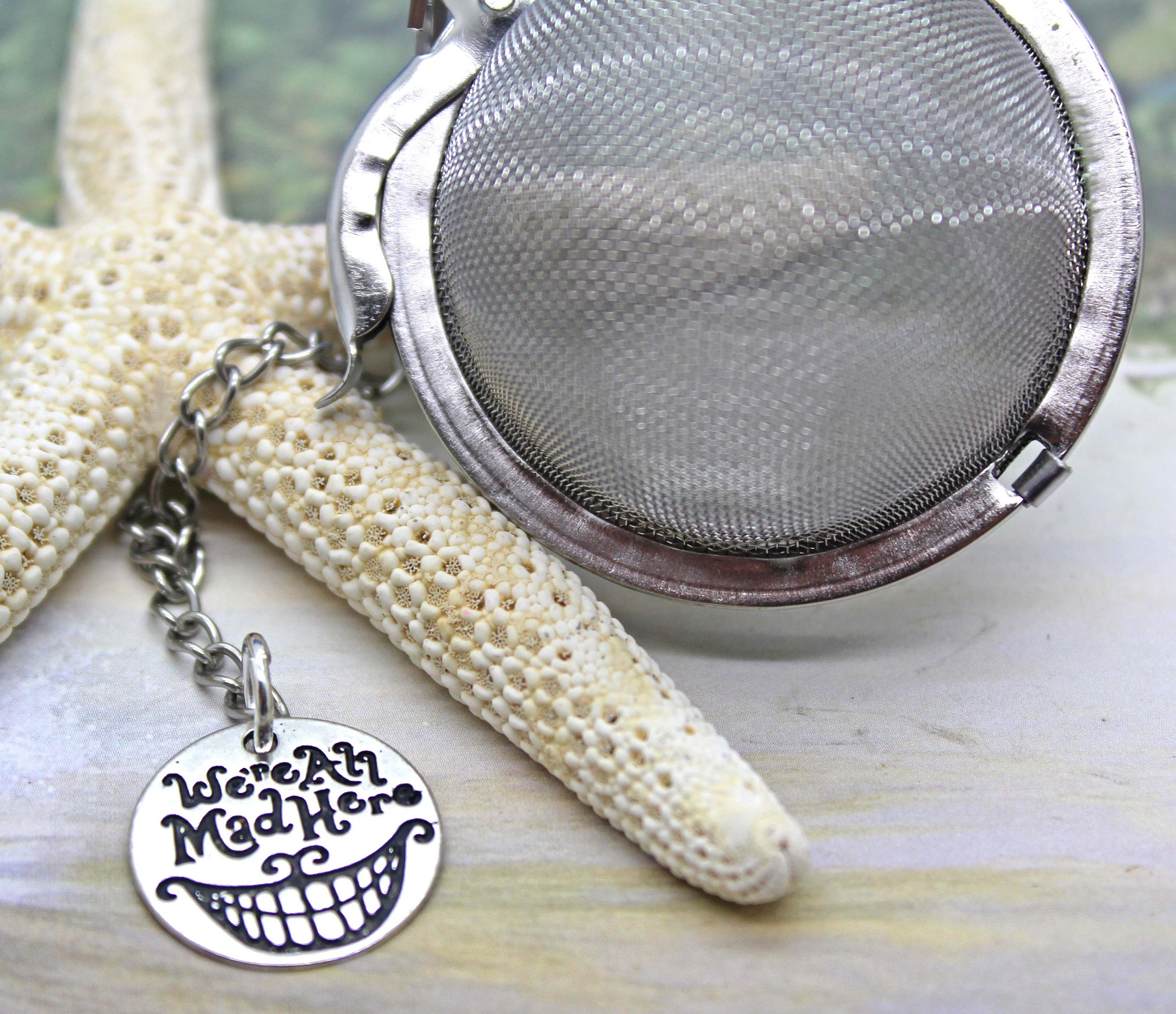 Tea Ball Infuser With Were All Mad Here Charm - Ball, Strainer, Infuser, Brewing, Alice in Wonderland, Hatter