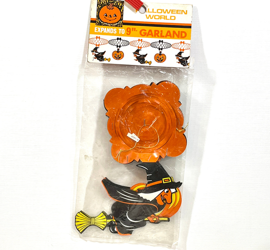 Vintage Halloween Decor, Expanding Garland, Die Cut Witch, Jol, Mid Century 1950S, Original Package, Party