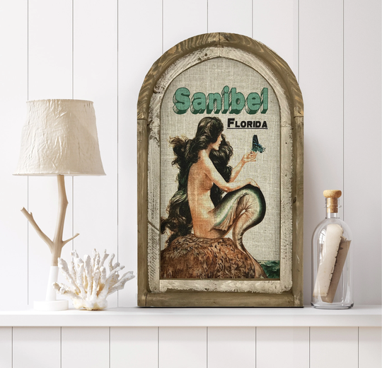 Sanibel, Florida Wall Art | Postcard Coastal Decor Mermaid Beach House Wood & Linen Butterfly
