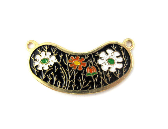 Vintage Orange & White Flowers On Black Cloisonne Enamel Pendants | 4x | E513-D