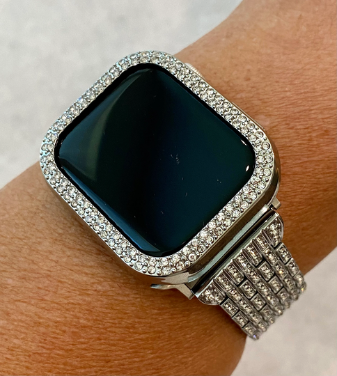 41mm 45mm 49mm Silver Apple Watch Band Series 7-8 Ultra Swarovski Crystals & Or Crystal Bezel Case Cover Faceplate