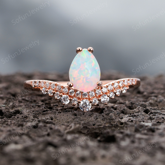Dainty Pear Cut White Fire Opal Engagement Ring, Petite October Birthstone V Shaped Silver 925 Or14K Gold Wedding Promise Ring