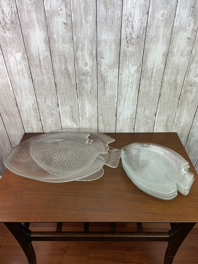 Fish Plate Set Platter Arcoroc France Poisson Glass