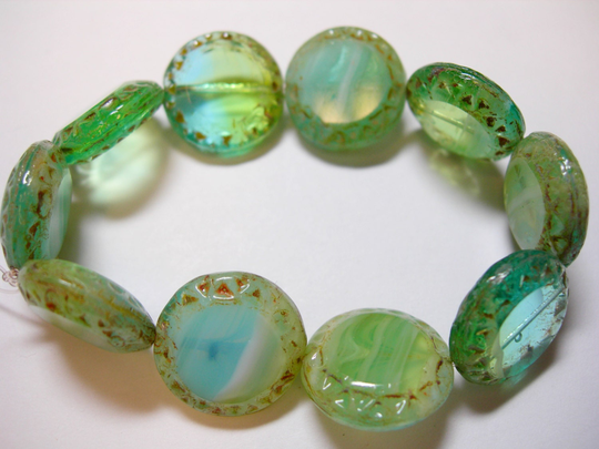 10 16mm Czech Glass Aqua Green Blend Picasso Table Cut Coin Beads