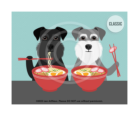 792Dp Dog Art - Two Schnauzer Dogs Eating Ramen Noodles Wall Decor Portrait Pet Drawing Foodie Print