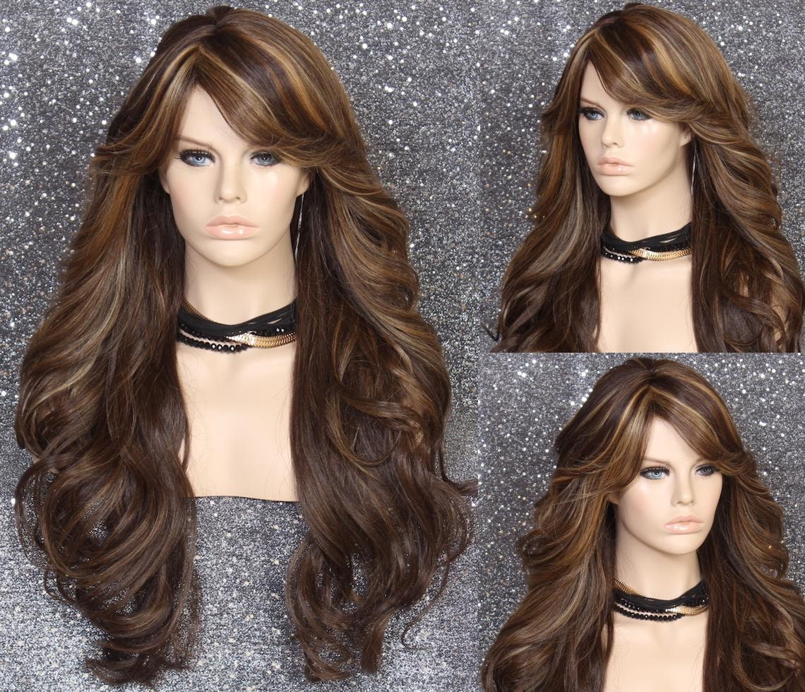 Luscious Human Hair Blend Wig Carmel Brown Blonde Mix Heat Ok Long Curly Full Bangs Cancer Alopecia Threater Cosplay